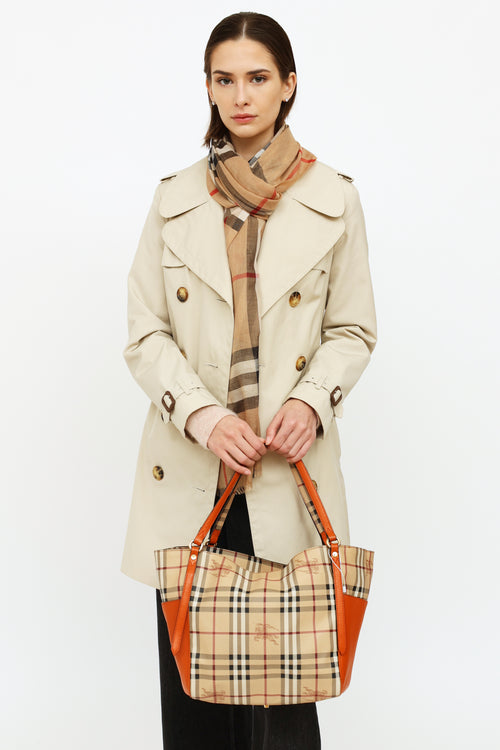 Burberry Haymarket Check & Orange Leather Canterberry Tote  Bag