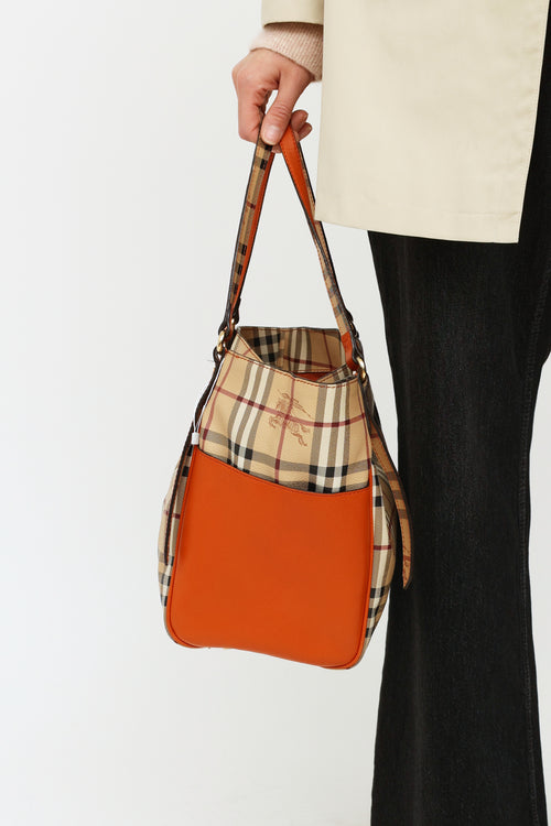 Burberry Haymarket Check & Orange Leather Canterberry Tote  Bag