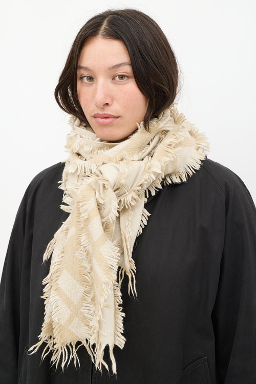 Burberry Beige & Cream Wool Plaid Fringe Scarf