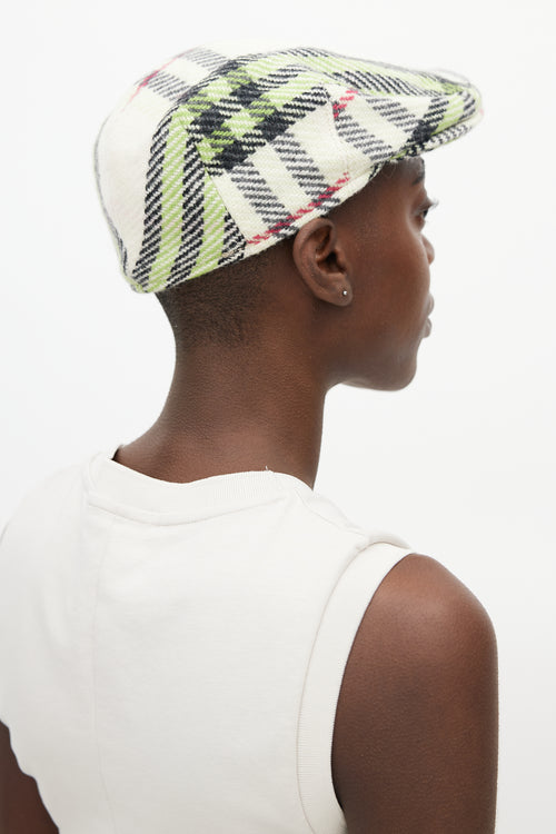 Burberry Beige & Green Wool Check Newsboy Hat