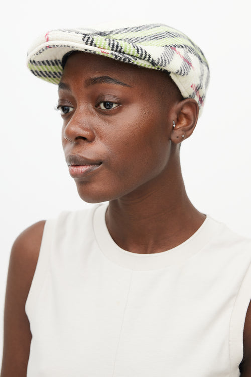 Burberry Beige & Green Wool Check Newsboy Hat