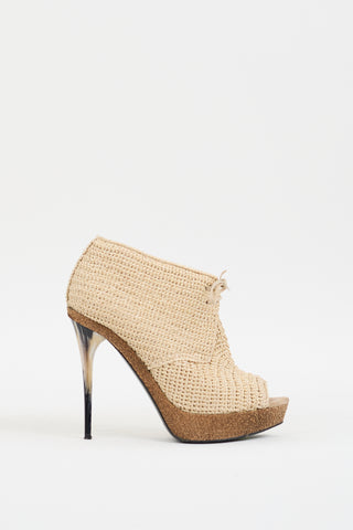 Burberry Beige Raffia Platform Peep Toe Bootie