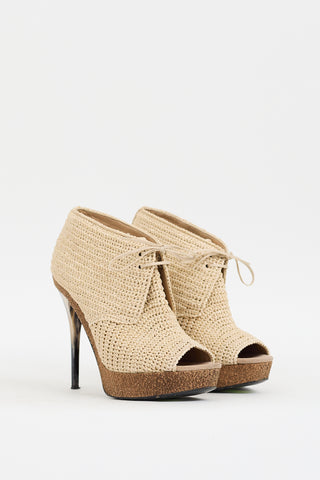 Burberry Beige Raffia Platform Peep Toe Bootie