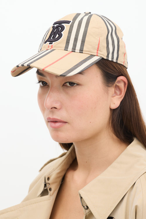 Burberry Beige Striped TB Monogram Embroidered Baseball Cap