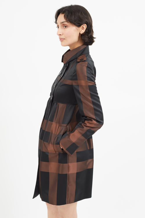 Burberry Black & Brown Plaid Pleated Trench Coat
