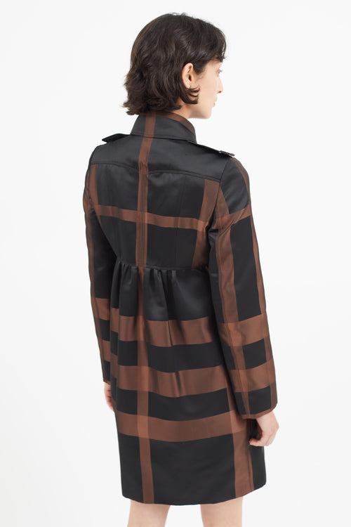 Burberry Black & Brown Plaid Pleated Trench Coat