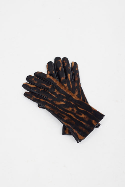 Burberry Black & Brown Textured Leather Gloves