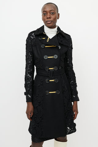Burberry Black Lace Floral Double Breasted Coat
