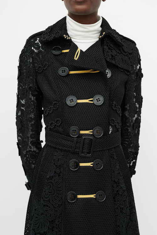 Burberry Black Lace Floral Double Breasted Coat