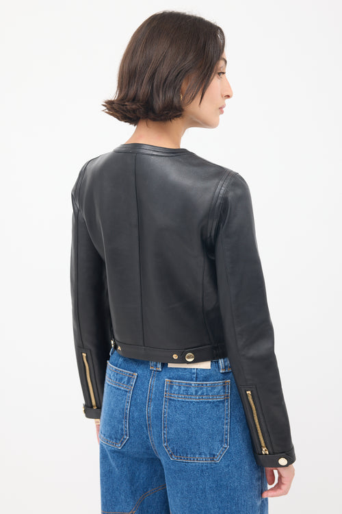 Burberry Black Leather Collarless Zip Jacket