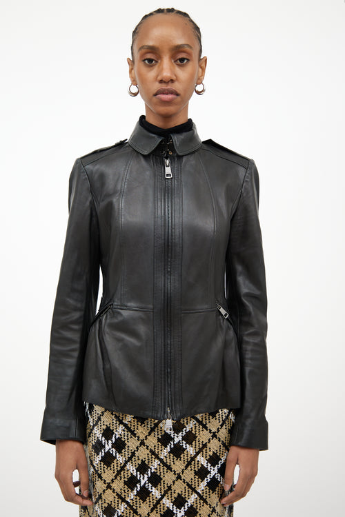 Burberry Black Leather Peplum Motorcycle Jacket