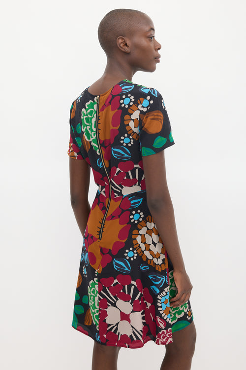 Burberry Black & Multicolour Silk Floral Sheath Dress