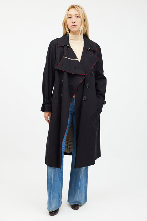 Burberry Black & Red Trim Trench Coat
