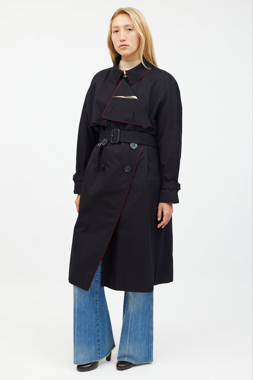 Burberry Black & Red Trim Trench Coat