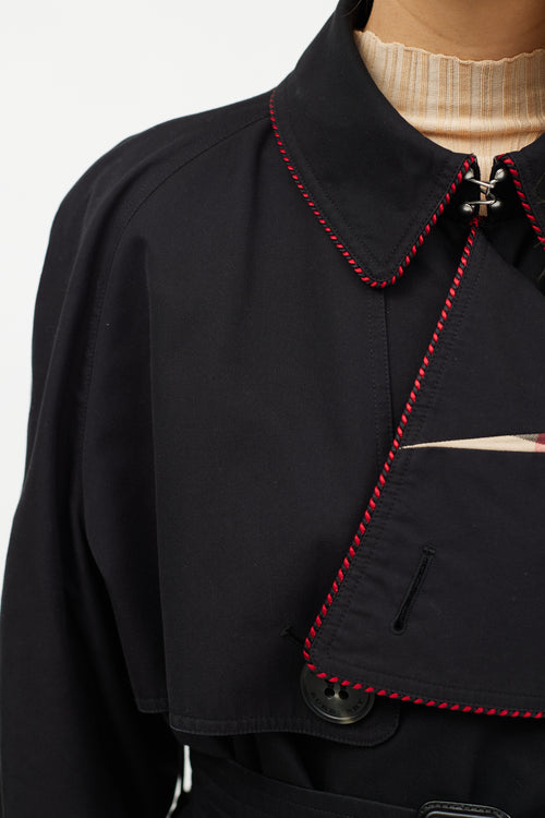 Burberry Black & Red Trim Trench Coat
