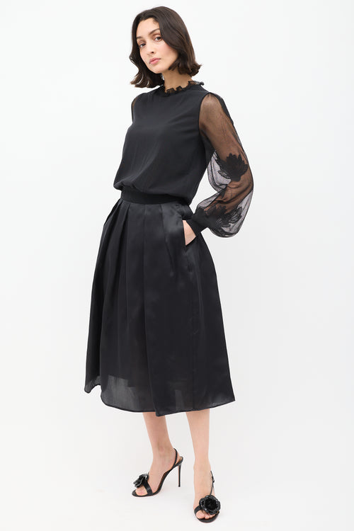 Burberry Black Silk Taffeta Pleated Midi Skirt