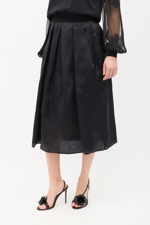 Burberry Black Silk Taffeta Pleated Midi Skirt