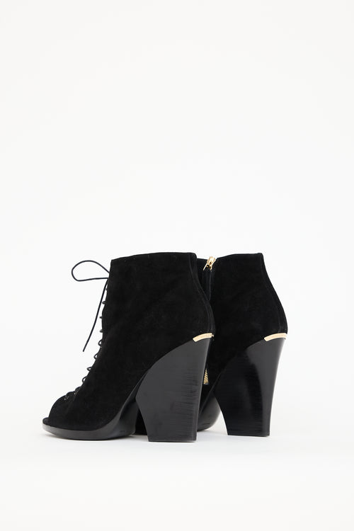 Burberry Black Suede Lace Up Peep Toe Boot