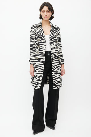 Burberry Black & White Double Breasted Print Trench Coat