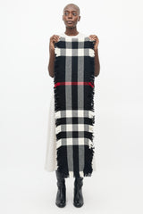 Burberry Black & White Plaid Fringe Scarf
