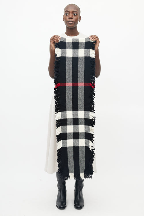 Burberry Black & White Plaid Fringe Scarf