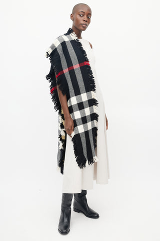 Burberry Black & White Plaid Fringe Scarf