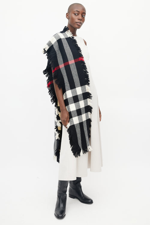 Burberry Black & White Plaid Fringe Scarf