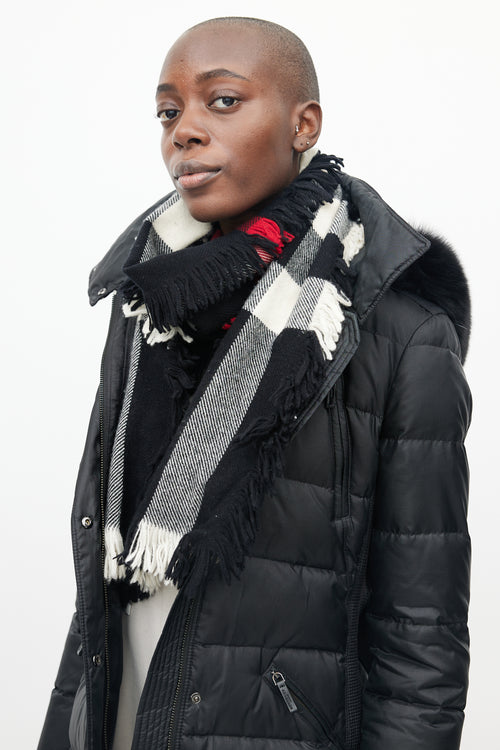 Burberry Black & White Plaid Fringe Scarf