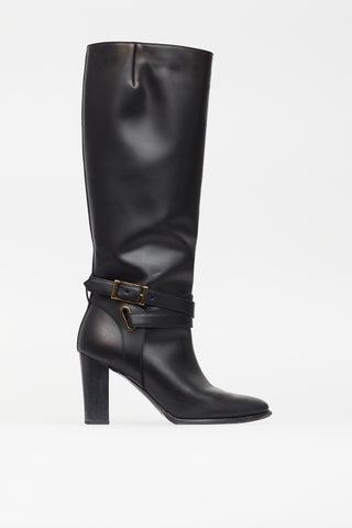 Burberry Black Leather Knee High Buckle Boot
