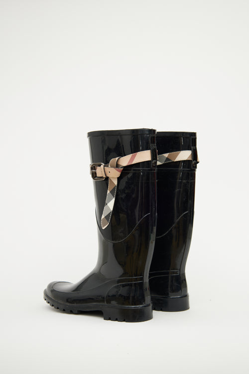 Burberry Black Nova Check Roscot Belted Rain Boot