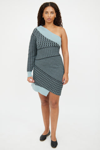 Burberry Blue & Black Knit Asymmetrical Shoulder Dress