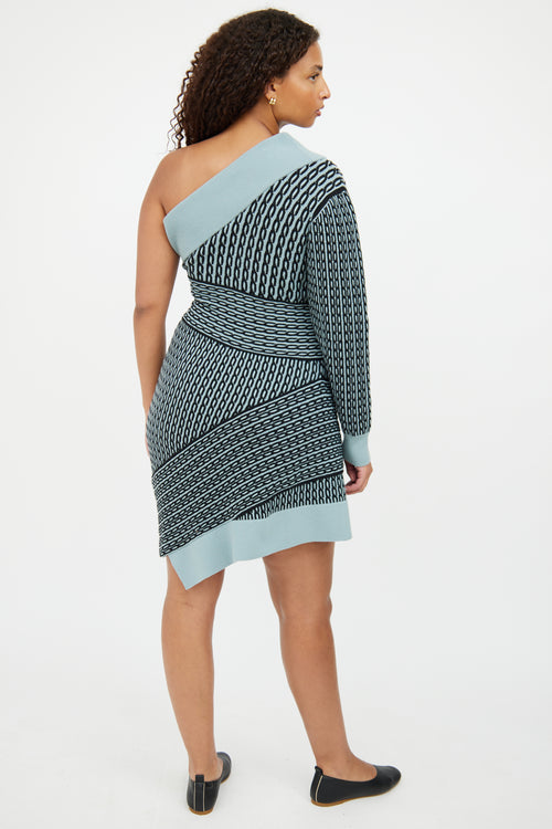 Burberry Blue & Black Knit Asymmetrical Shoulder Dress