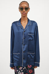 Burberry Blue & White Satin Button Down Top