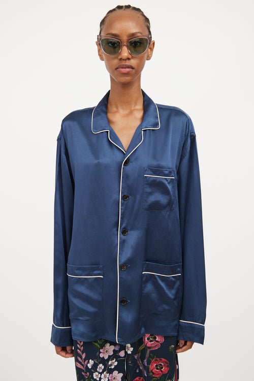 Burberry Blue & White Satin Button Down Top