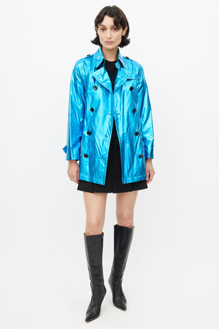 Burberry Blue Double Breasted Short Metallic Trench Coat