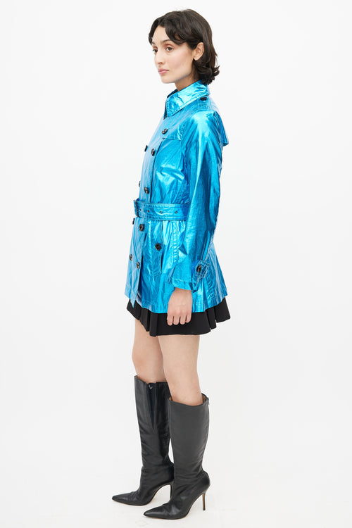 Burberry Blue Double Breasted Short Metallic Trench Coat