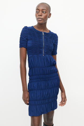 Burberry Blue Ruched Bodycon Half Zip Dress