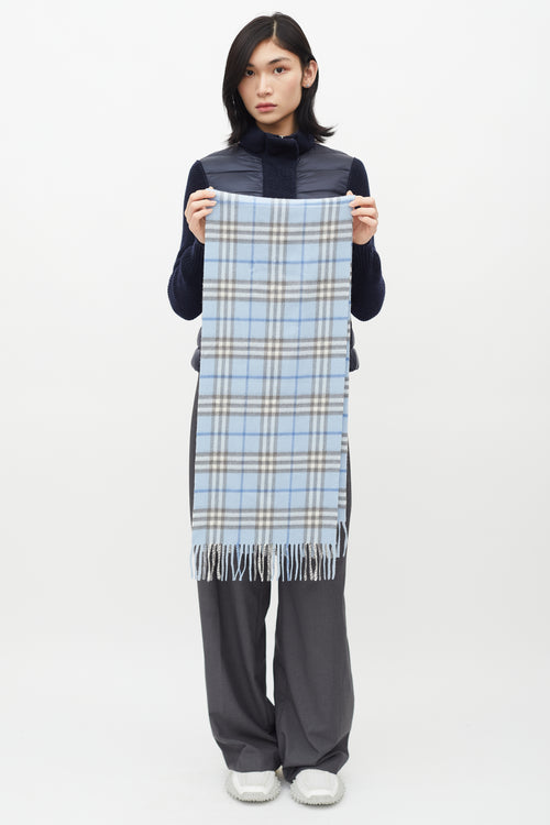 Burberry Blue & White Cashmere Check Scarf