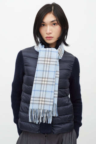 Burberry Blue & White Cashmere Check Scarf