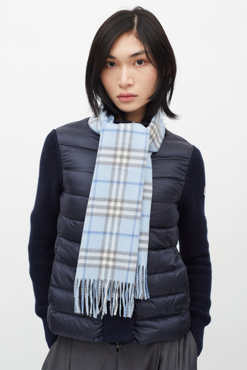 Burberry Blue & White Cashmere Check Scarf
