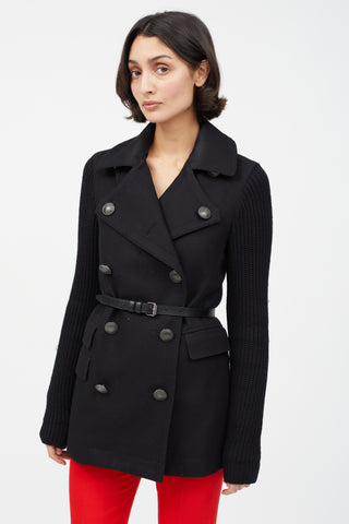 Burberry Brit Black Double Breasted Knit Sleeve Coat