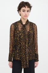 Burberry Brown & Black Silk Printed Tie Neck Shirt