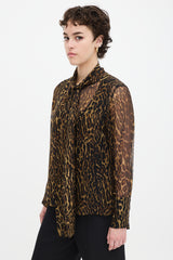 Burberry Brown & Black Silk Printed Tie Neck Shirt