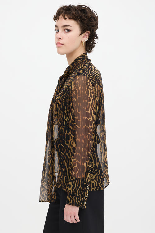 Burberry Brown & Black Silk Printed Tie Neck Shirt