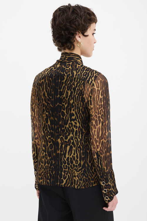 Burberry Brown & Black Silk Printed Tie Neck Shirt