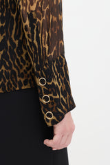 Burberry Brown & Black Silk Printed Tie Neck Shirt
