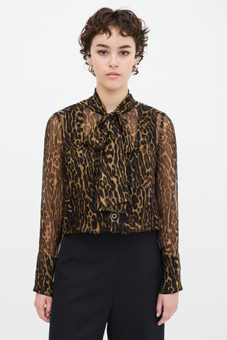 Burberry Brown & Black Silk Printed Tie Neck Shirt