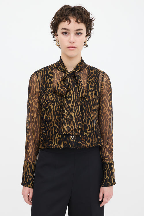 Burberry Brown & Black Silk Printed Tie Neck Shirt