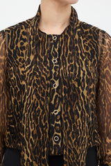 Burberry Brown & Black Silk Printed Tie Neck Shirt