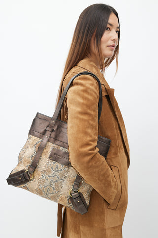 Burberry Brown Leather & Print Tote Bag